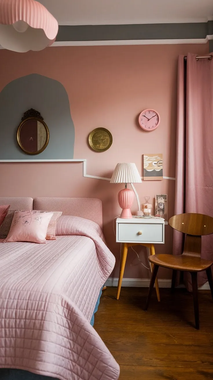 Escape to this exquisitely curated bedroom, a harmonious blend of mid-century modern and vintage aesthetics. The soft pink and gray palette, coupled with the quilted pink bedspread and wooden accents, creates a warm and inviting atmosphere. Every detail, from the pink clock to the white nightstand, contributes to the room's unique and effortlessly chic ambiance. A testament to the enduring appeal of retro design.