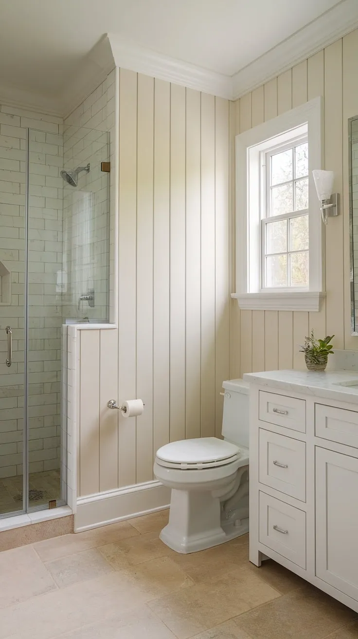 Sophisticated serenity. The soft beige shiplap walls and modern wainscoting create a calming atmosphere in this bathroom, perfectly complemented by the sleek white vanity and tiled floor. A spa-like retreat awaits.