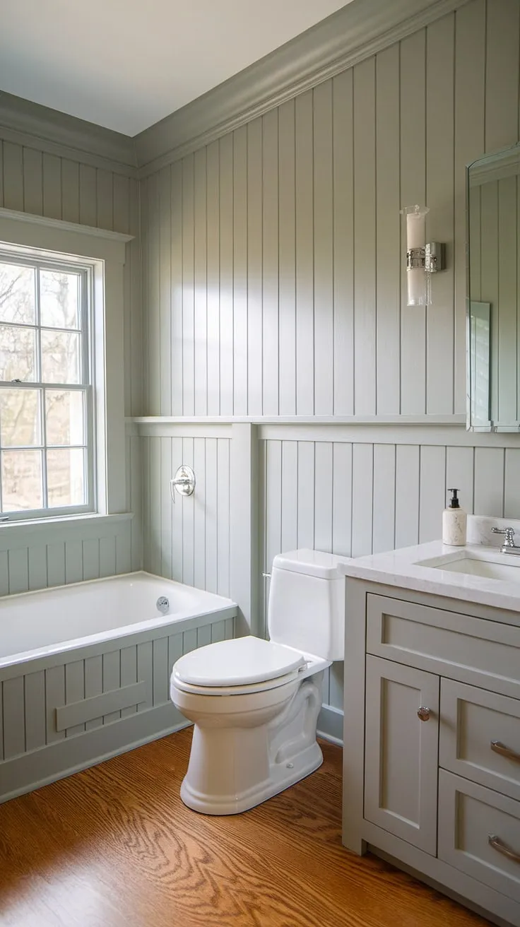 A harmonious blend of styles, this bathroom showcases the beauty of light grey shiplap, complemented by rich hardwood floors and classic craftsman details. The result is a space that feels both timeless and contemporary.