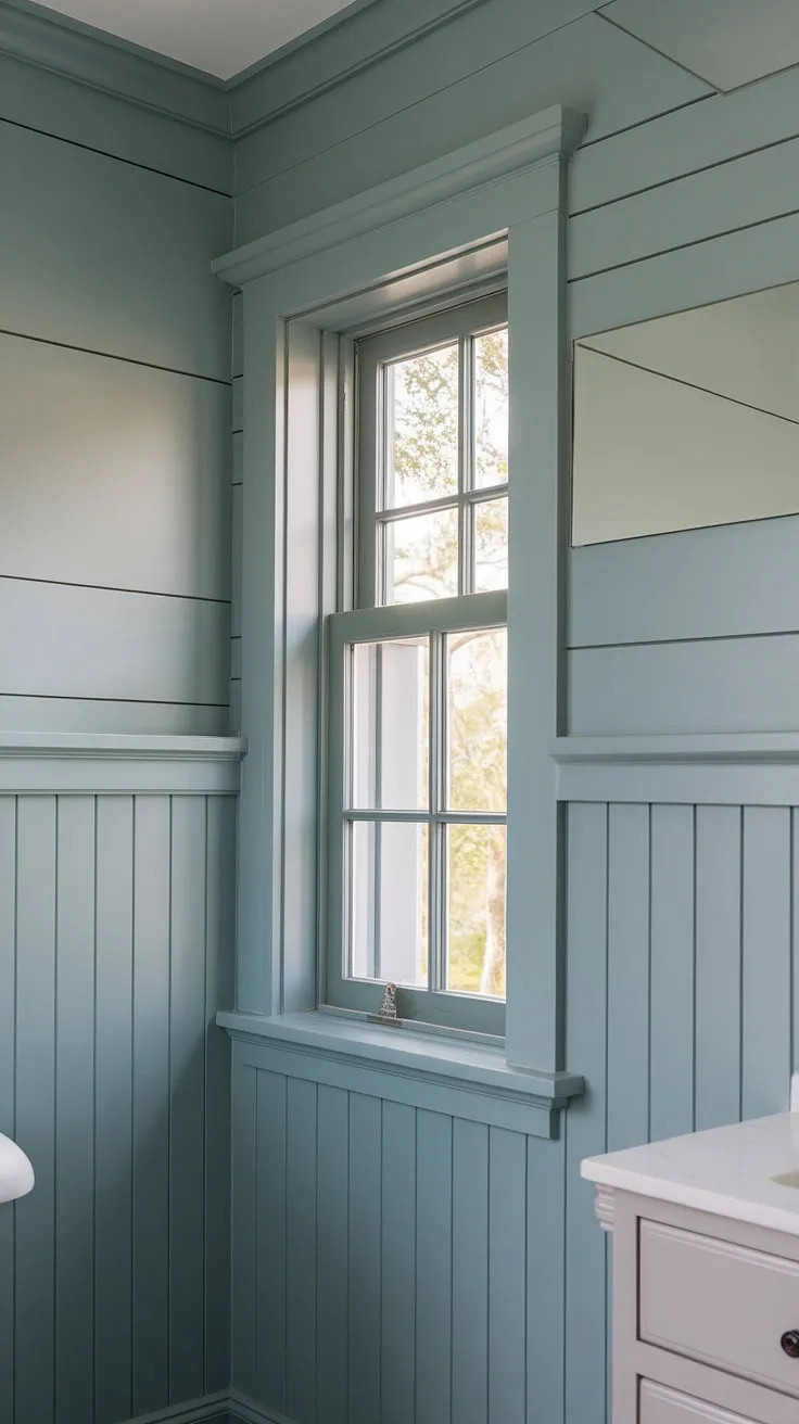 A calming sanctuary awaits. This bathroom's light blue shiplap and contrasting colored wainscoting create a sophisticated craftsman-style retreat, perfectly complemented by the natural light streaming through the window.