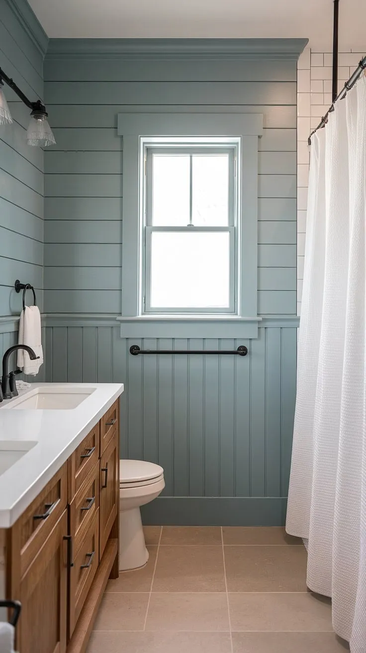 Serene and stylish, this bathroom's light blue wainscoting adds a touch of coastal charm to the craftsman-style vanity and shiplap walls. The neutral tile floor and black accents create a balanced, sophisticated space. A perfect blend of modern and traditional design.