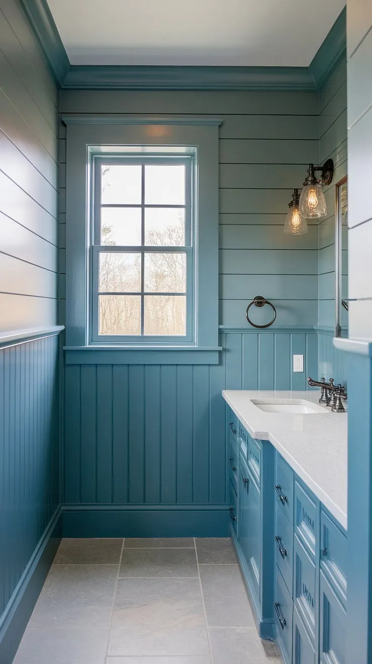 This bathroom's vibrant wainscoting elevates the classic shiplap aesthetic, creating a space that's both stylish and functional. The attention to detail, from the tile to the vanity, is truly impressive.