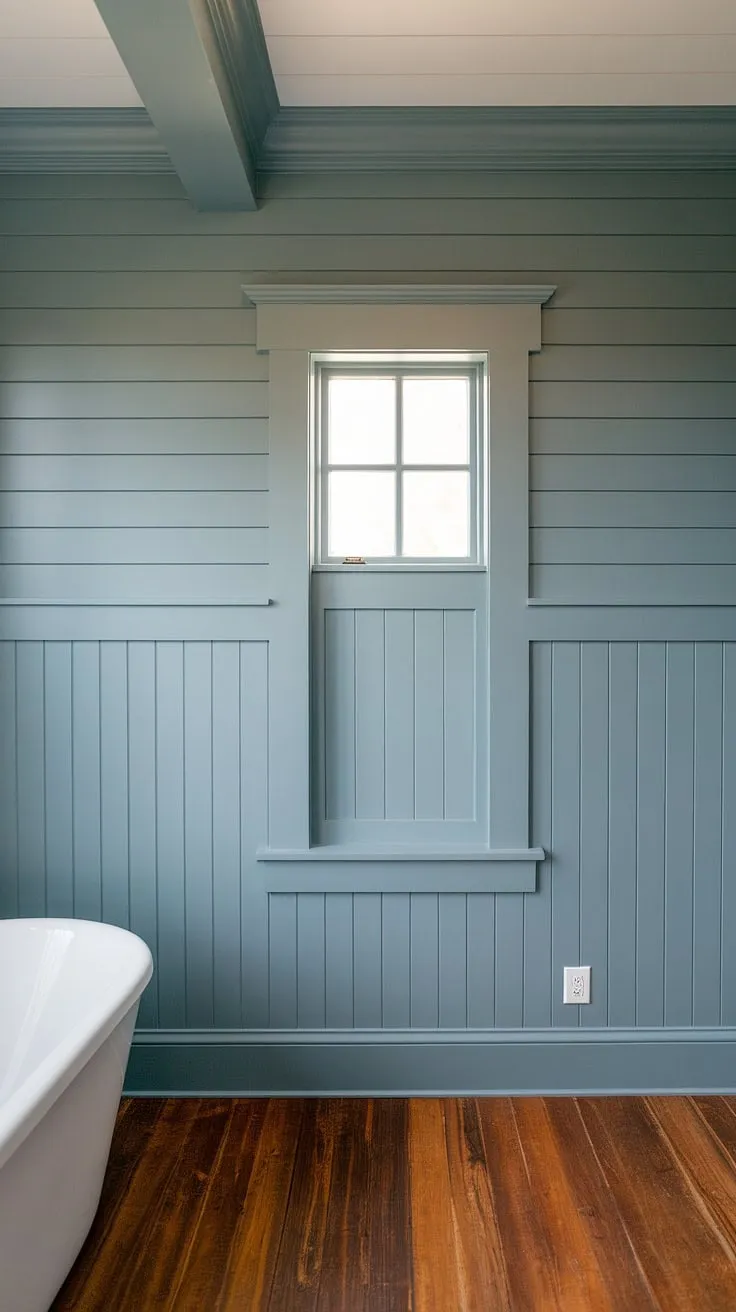 This bathroom remodel is a masterclass in blending styles. The light blue shiplap walls, punctuated by the eye-catching wainscoting, offer a fresh and airy feel. The addition of a craftsman-style beam adds architectural interest, while the warm wood floors and white tub provide a sense of calm and understated elegance. The result is a space that's both beautiful and functional.