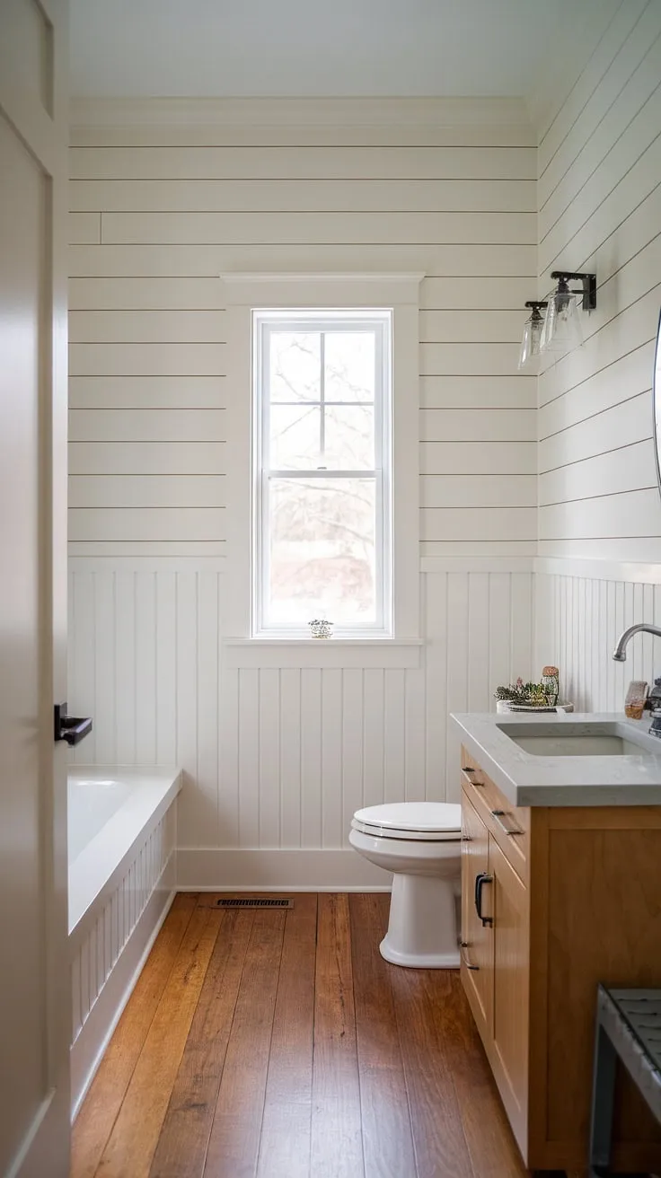 This craftsman-style bathroom boasts a serene atmosphere, thanks to the crisp white shiplap and detailed wainscoting. The natural wood flooring complements the fixtures perfectly, creating a space that is both functional and aesthetically pleasing. A sanctuary of calm and style.