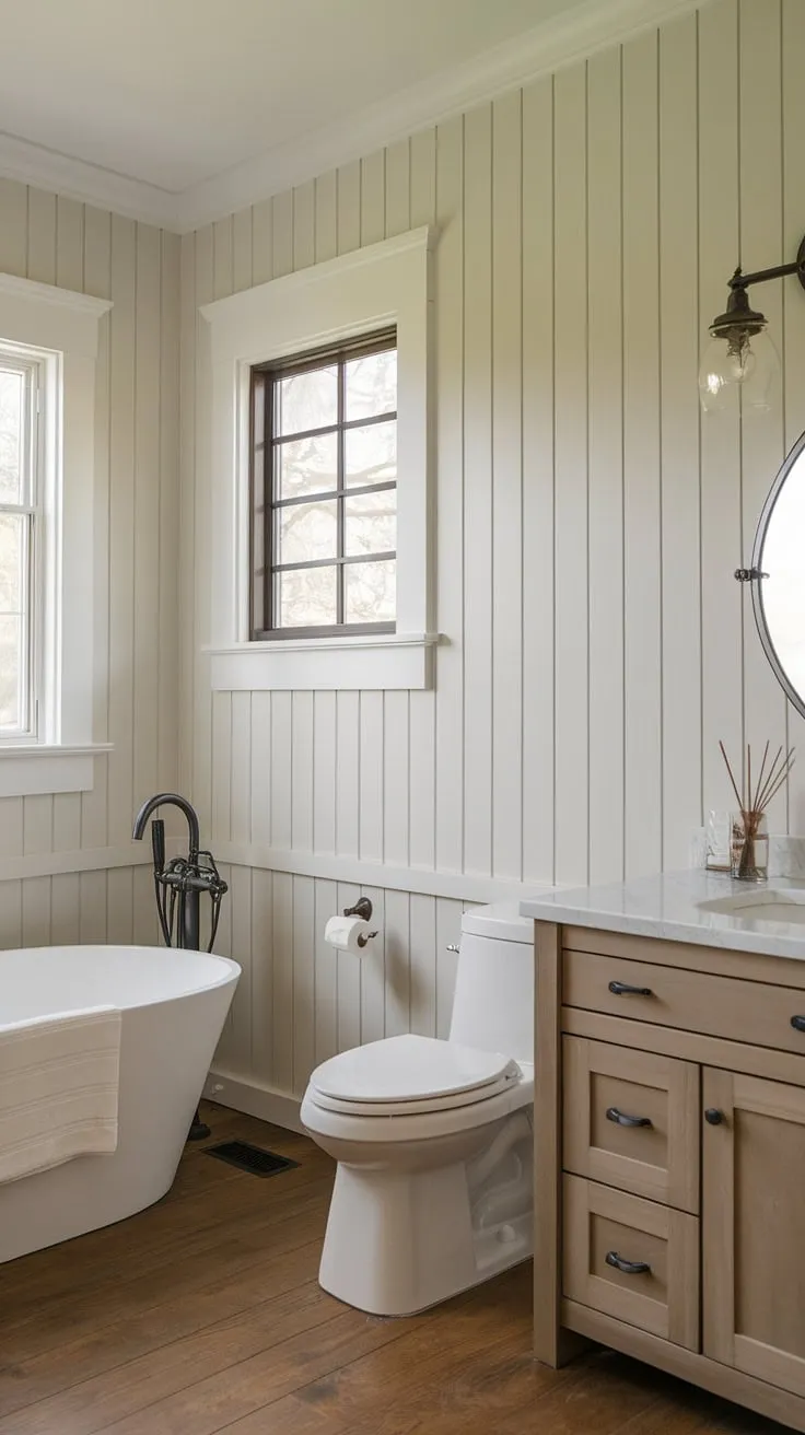 The calming serenity of this craftsman-style bathroom, with its light shiplap walls and elegant wainscoting, creates a spa-like retreat. The freestanding tub is the perfect centerpiece, promising moments of blissful relaxation.