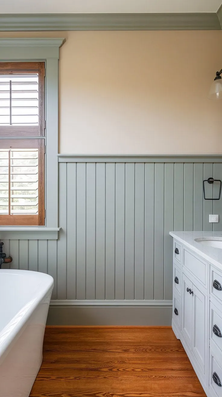 The calming serenity of this craftsman-style bathroom is achieved through the subtle contrast of light gray shiplap wainscoting and soft beige walls, creating a space that's both modern and inviting. The hardwood floors and white fixtures add to the clean, airy feel. A perfect blend of textures and tones for a truly relaxing retreat.