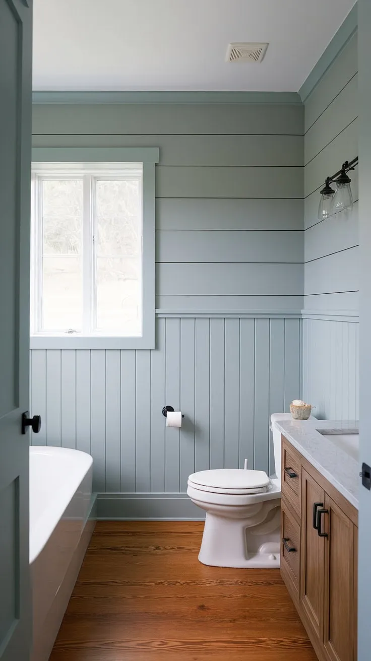 A tranquil escape awaits. This bathroom's blend of modern and craftsman styles-featuring light blue walls, shiplap wainscoting, and a white soaking tub-offers a peaceful ambiance. The minimalist design and natural light create a space of pure relaxation.