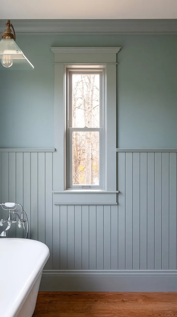 Where modern meets craftsman, this bathroom's serene blue walls and detailed wainscoting create a tranquil escape. The vintage light fixture adds a touch of old-world charm, perfectly complementing the clean lines of the white tub and warm wood floors. A perfect blend of styles for a truly luxurious experience.
