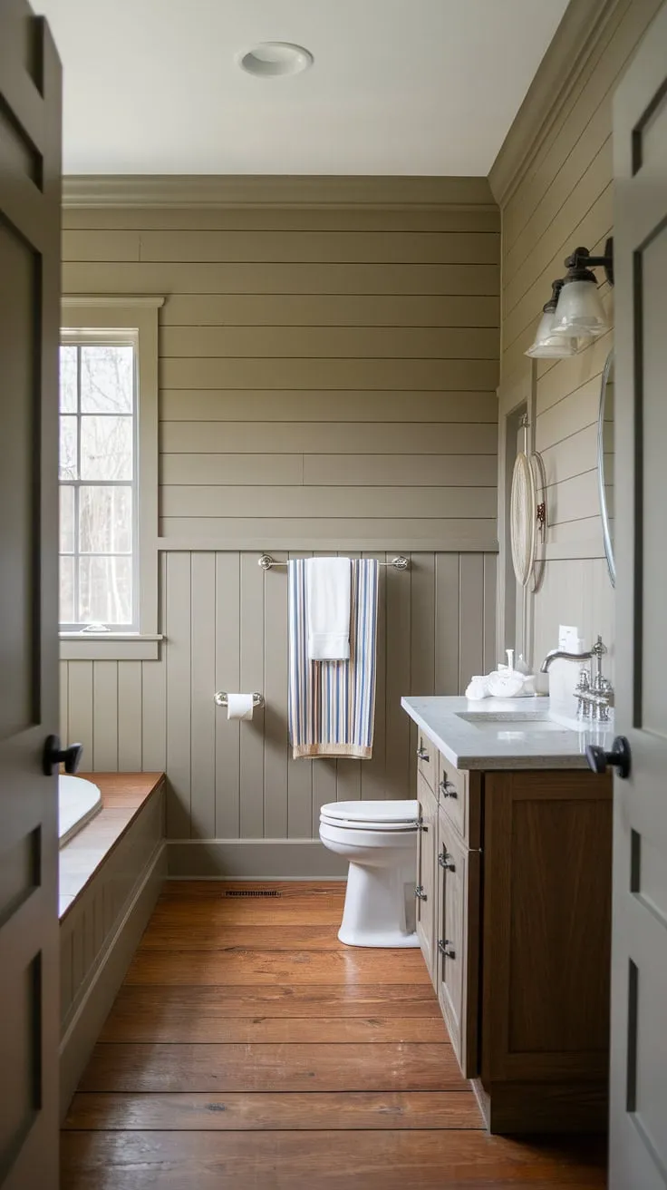 Warm beige walls and richly hued wainscoting create a sophisticated yet inviting atmosphere in this craftsman-style bathroom. The vertical shiplap adds texture and visual interest, while the wood flooring complements the overall design. A perfect blend of modern and traditional elements.