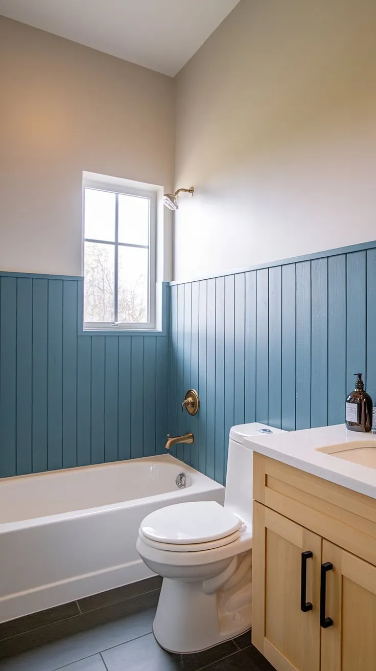 This bathroom's sophisticated style is achieved through the unexpected use of colored vertical shiplap wainscoting, which frames the window beautifully and adds a playful touch to the otherwise classic white and tile design. The result is a space that's both stylish and functional.