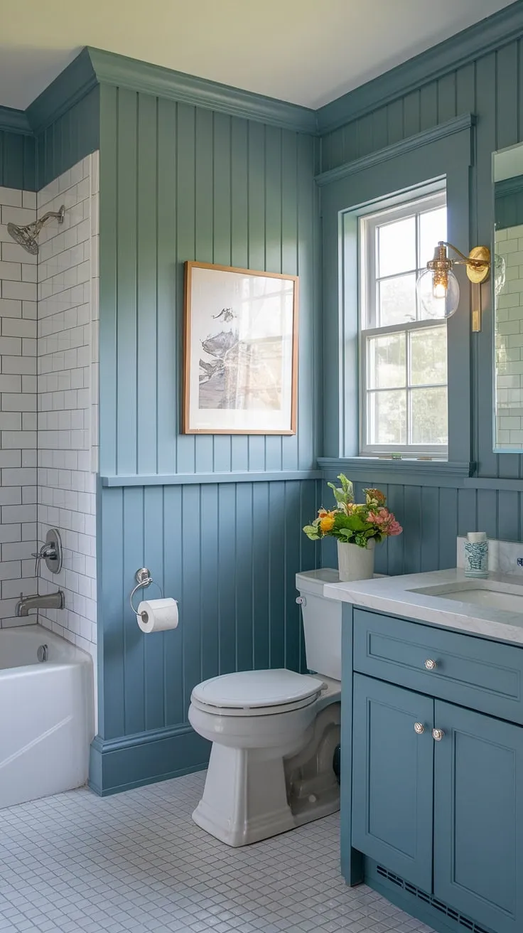 Modern meets craftsman in this bathroom, where vibrant colored wainscoting adds a playful pop against the calming shiplap walls. The thoughtful design extends the wainscoting around the window, creating a cohesive and stylish space.