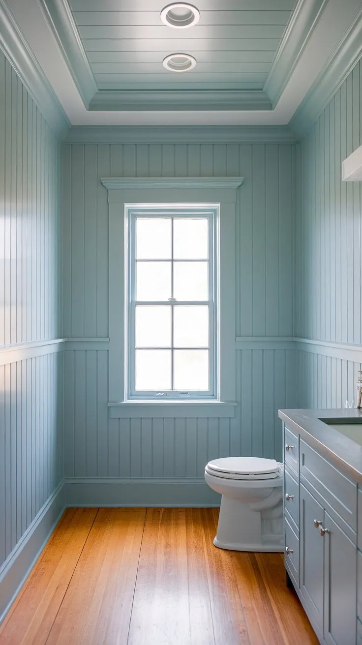 This craftsman-style bathroom boasts a serene atmosphere, thanks to the light blue wainscoting that adds a touch of elegance and personality. The shiplap walls and hardwood floors complete the sophisticated yet cozy feel. A perfect blend of modern and traditional design.