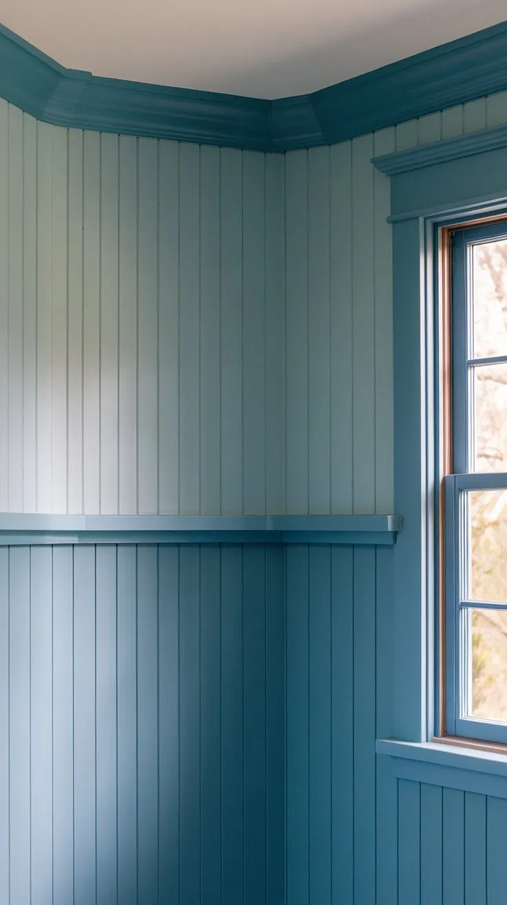 A touch of coastal charm meets classic craftsman design in this bathroom. The vertical shiplap, painted in varying shades of blue, creates a sophisticated and inviting atmosphere. A perfect blend of style and functionality.