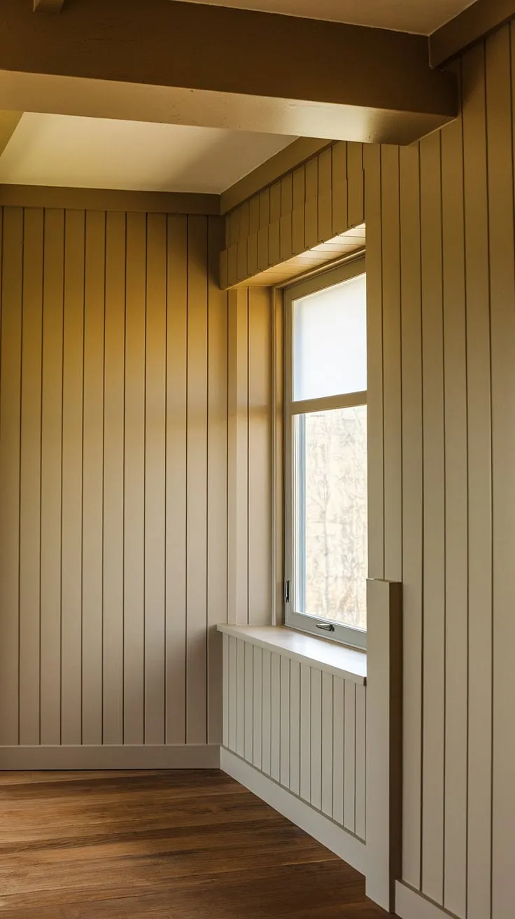 Warm beige shiplap wainscoting creates a calming and sophisticated atmosphere in this craftsman-style bathroom. The natural light streaming through the window highlights the beautiful texture of the wood, perfectly complementing the wooden floorboards. A perfect blend of modern design and timeless appeal.