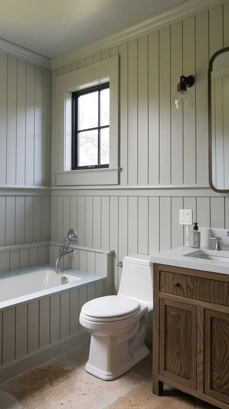 Sophisticated simplicity meets timeless charm in this bathroom, where the gray shiplap wainscoting creates a calming atmosphere. The natural stone floor and craftsman-style vanity add warmth and texture, resulting in a space that's both elegant and functional.