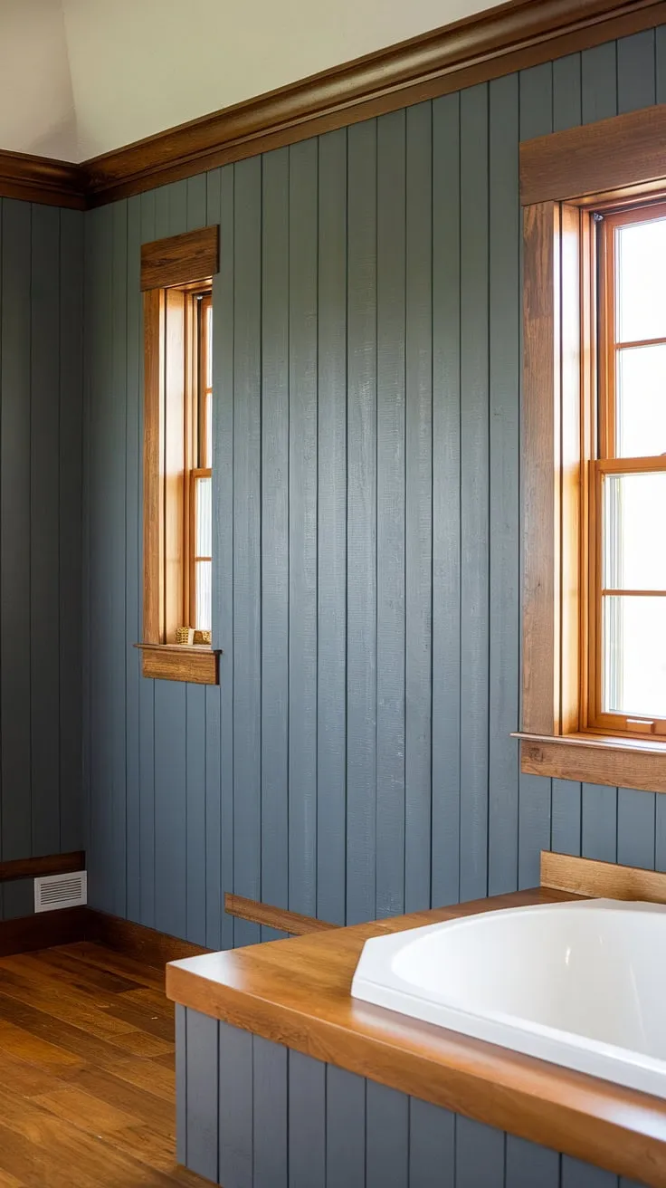 Warmth and character blend seamlessly in this craftsman-style bathroom. The shiplap walls, wood flooring, and wainscoting create a cozy retreat, while the large window bathes the space in natural light, perfectly complementing the freestanding tub. A sanctuary of simple elegance.
