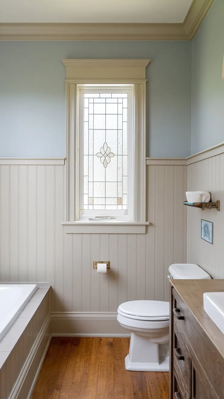 A harmonious blend of styles, this bathroom showcases the beauty of craftsman details-like the vertical shiplap-within a contemporary setting. The light blue upper walls and decorative window pane add a touch of elegance, while the wood flooring grounds the space in natural warmth.