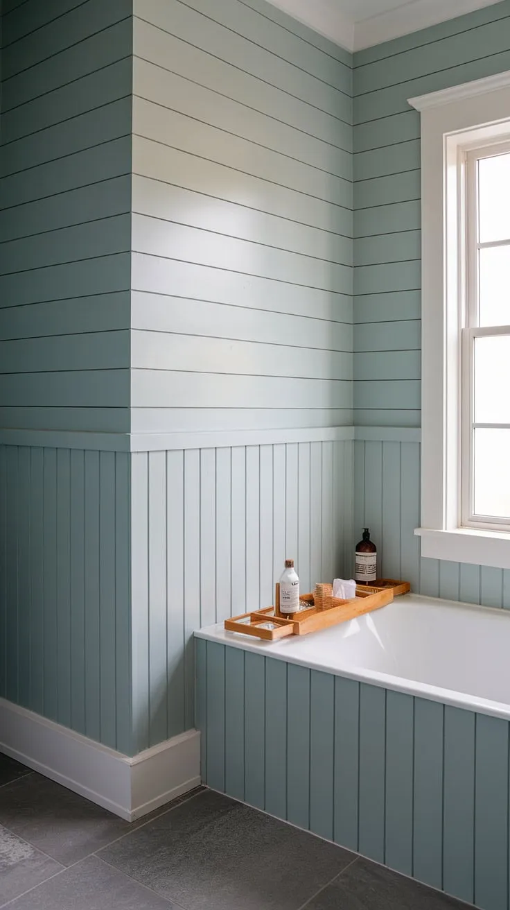 Serene sanctuary. The soft blue shiplap walls and craftsman-style wainscoting create a calming atmosphere in this modern bathroom, perfectly complemented by the gray tile floor and a freestanding tub. A perfect escape.
