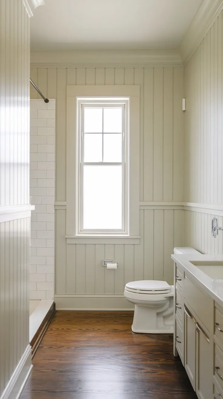 Where modern meets craftsman, this bathroom's soft beige shiplap walls and dark wood floors create a serene and inviting space. The clean lines and simple window design enhance the overall feeling of calm and sophistication. A perfect blend of styles for a truly luxurious retreat.