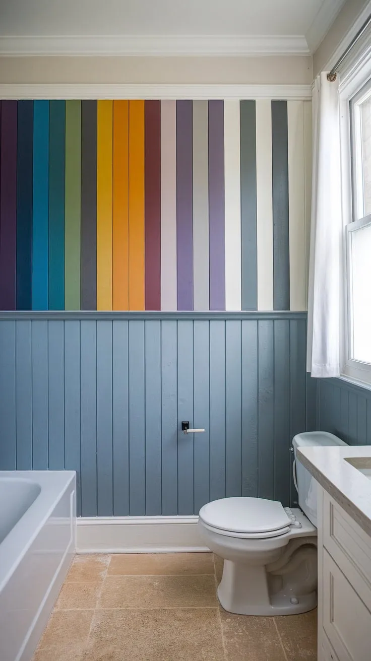 A vibrant splash of color elevates this modern bathroom, where multicolored wainscoting adds personality and visual interest, creating a unique and playful atmosphere. The clean white lower walls and beige tile floor provide a calming contrast, allowing the colorful feature wall to truly shine.