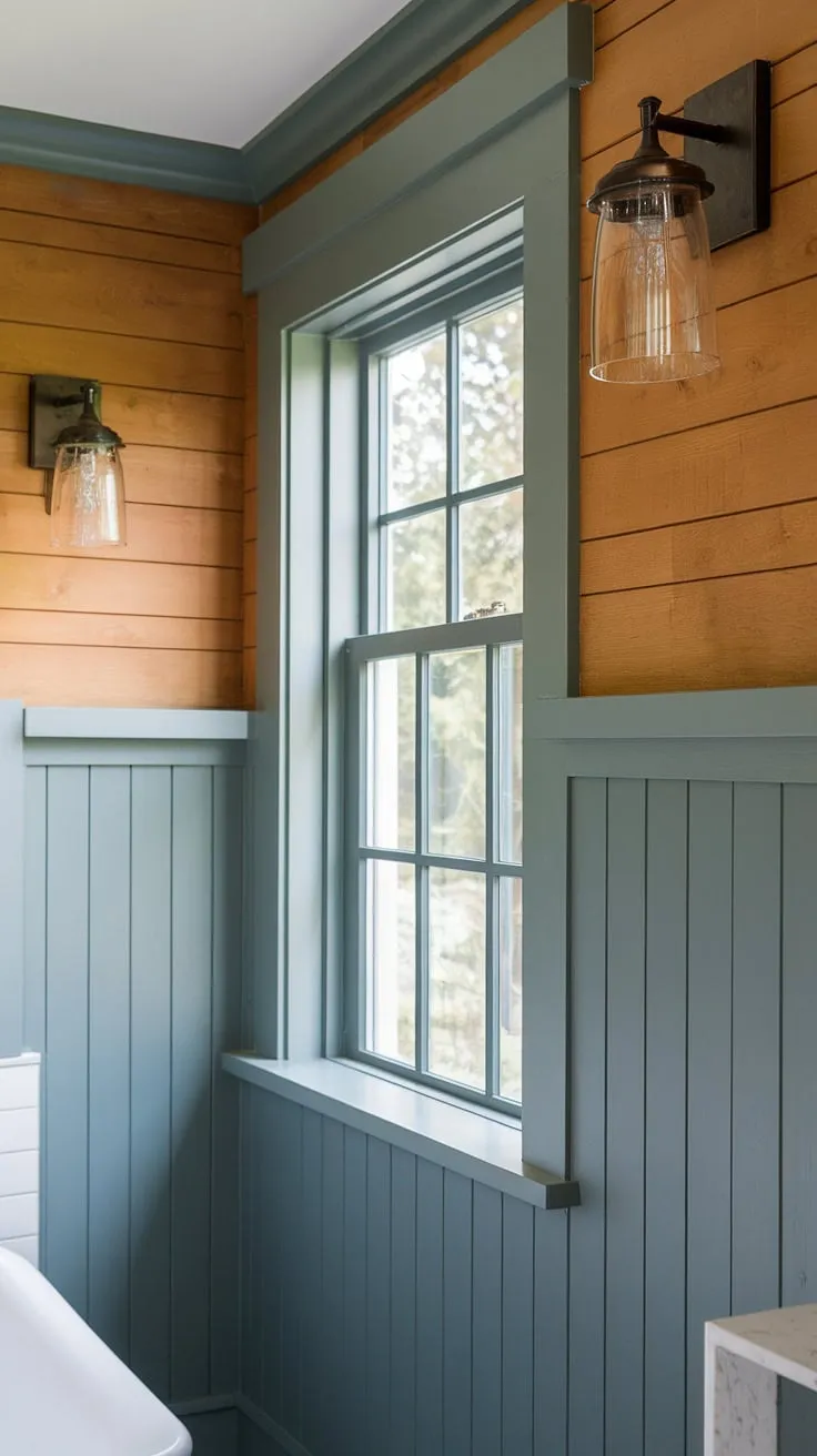 This craftsman-inspired bathroom boasts a stunning blend of modern design and classic charm. The vertical shiplap walls, accented by the eye-catching colored wainscoting that frames the window, create a bright and airy retreat. A perfect example of how thoughtful design can transform a simple space into a luxurious sanctuary.