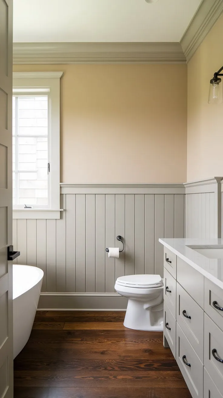 Subtle shiplap adds a touch of classic charm to this modern bathroom, creating a serene and sophisticated space. The warm beige walls and dark wood floors complement the clean lines of the white fixtures, resulting in a beautifully balanced design. A perfect blend of old-world elegance and contemporary style.