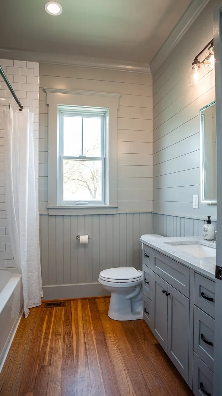 Modern meets craftsman in this serene bathroom. The light gray shiplap walls and wood flooring create a calming atmosphere, while the white fixtures and gray vanity add a touch of contemporary elegance. A perfect blend of rustic charm and clean lines.
