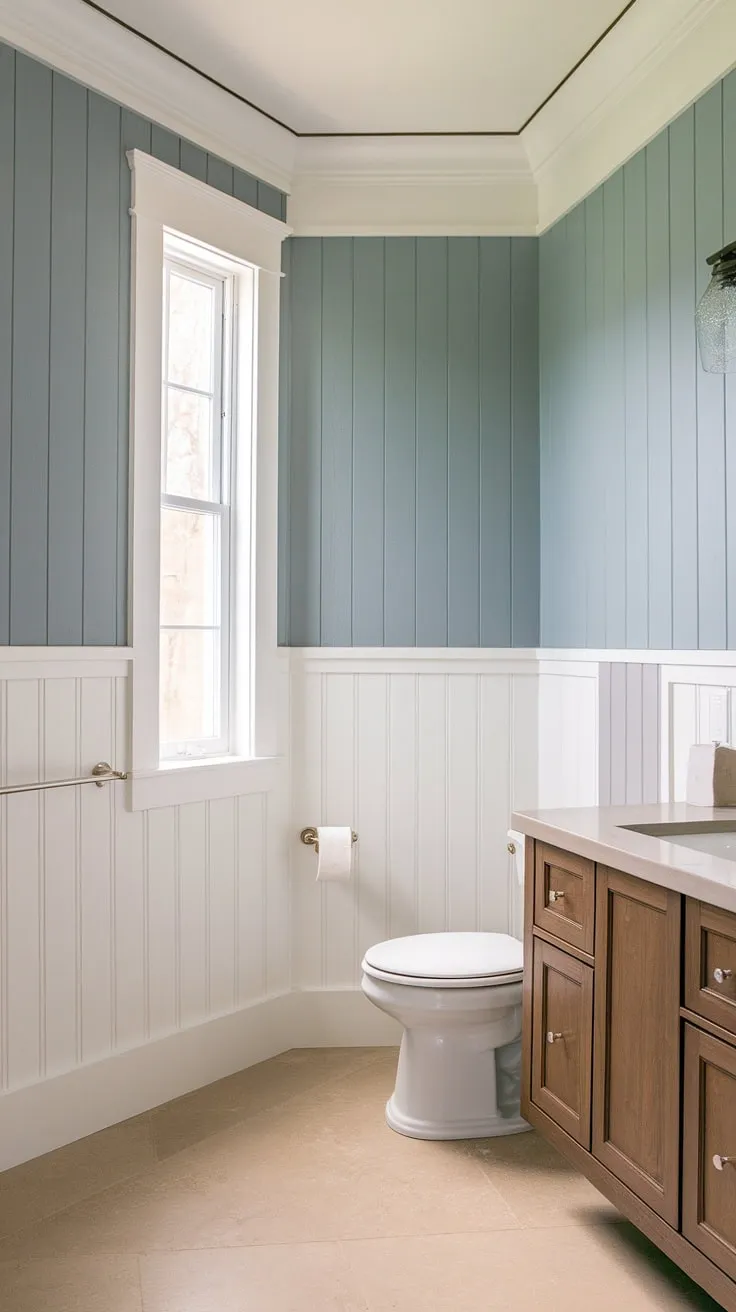 This thoughtfully designed bathroom seamlessly blends modern functionality with the warmth of craftsman style. The two-toned shiplap, floating vanity, and subtle details like the window wainscoting and towel bar create a tranquil and inviting atmosphere.