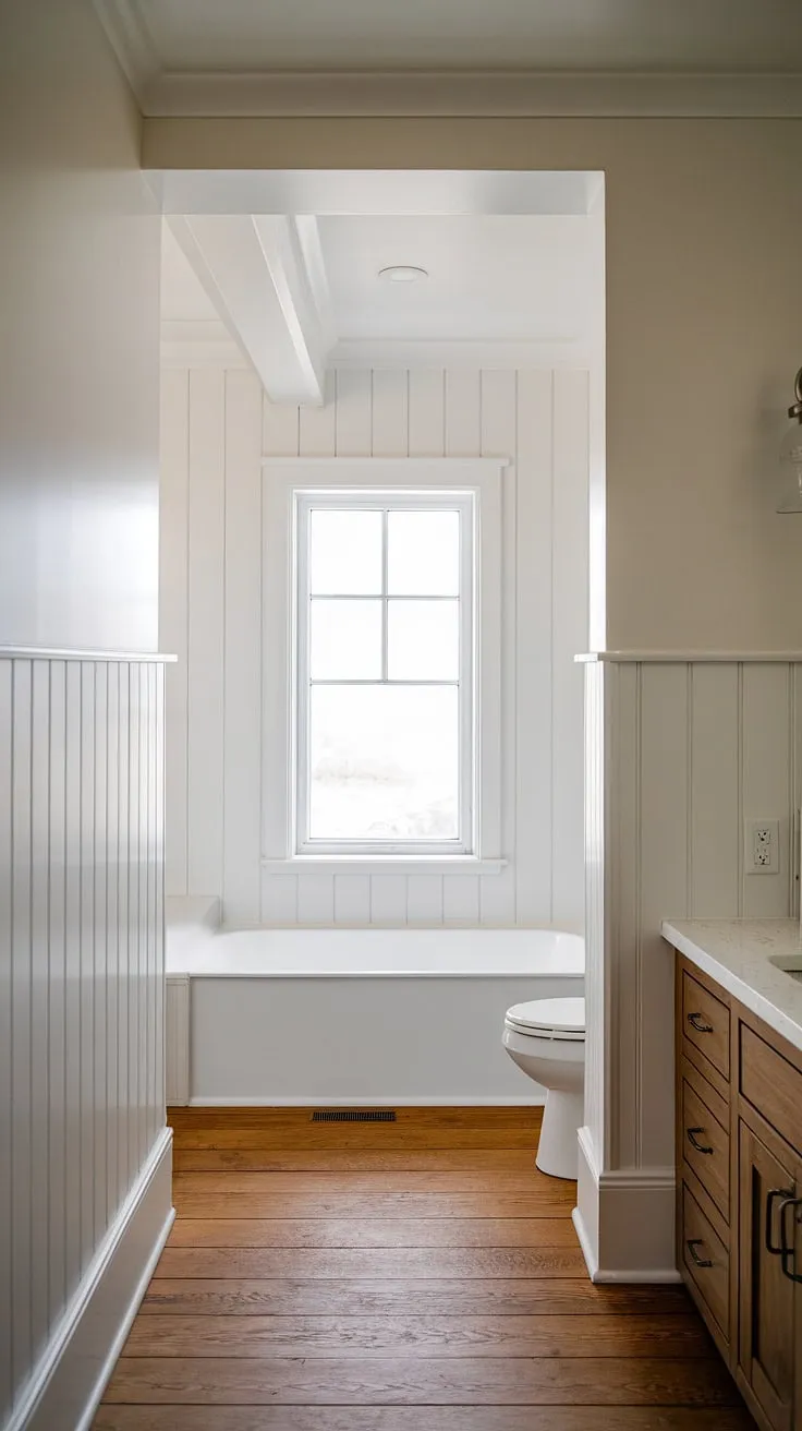 This bathroom seamlessly blends modern minimalism with the enduring appeal of craftsman details. The wainscoting, framing the window like a picture, creates a focal point in this bright and airy space.