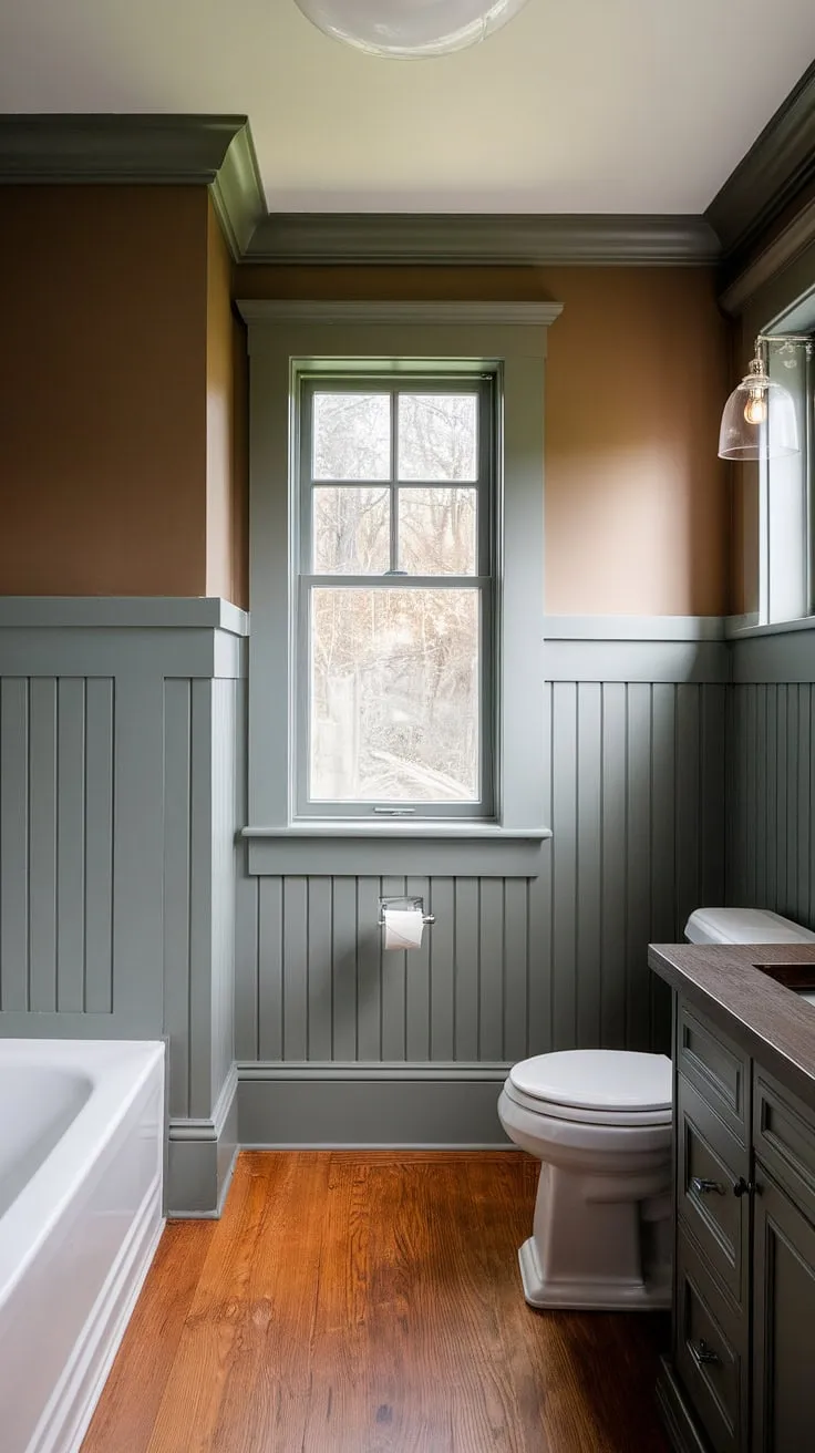 Modern meets craftsman in this stunning bathroom. The full-height wainscoting, painted in a complementary shade around the window, adds warmth and texture to the space, while the wood flooring and crisp white fixtures maintain a clean, contemporary feel. A perfect blend of old-world charm and sleek design.