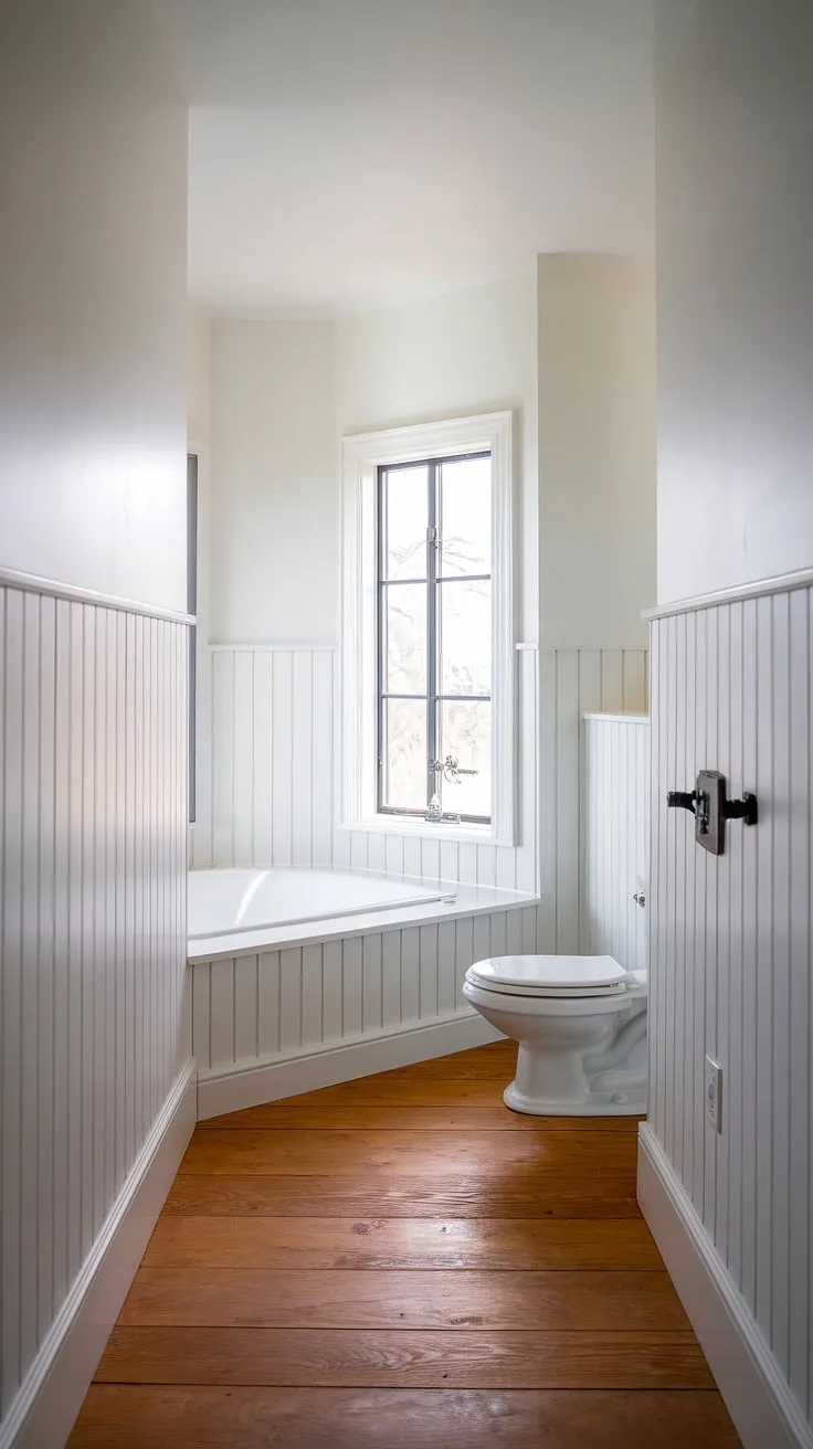 Where modern minimalism meets classic craftsmanship. The crisp white shiplap and detailed wainscoting create a serene sanctuary, perfectly complemented by the rich wood flooring and black metal window accents. A spa-like retreat awaits.