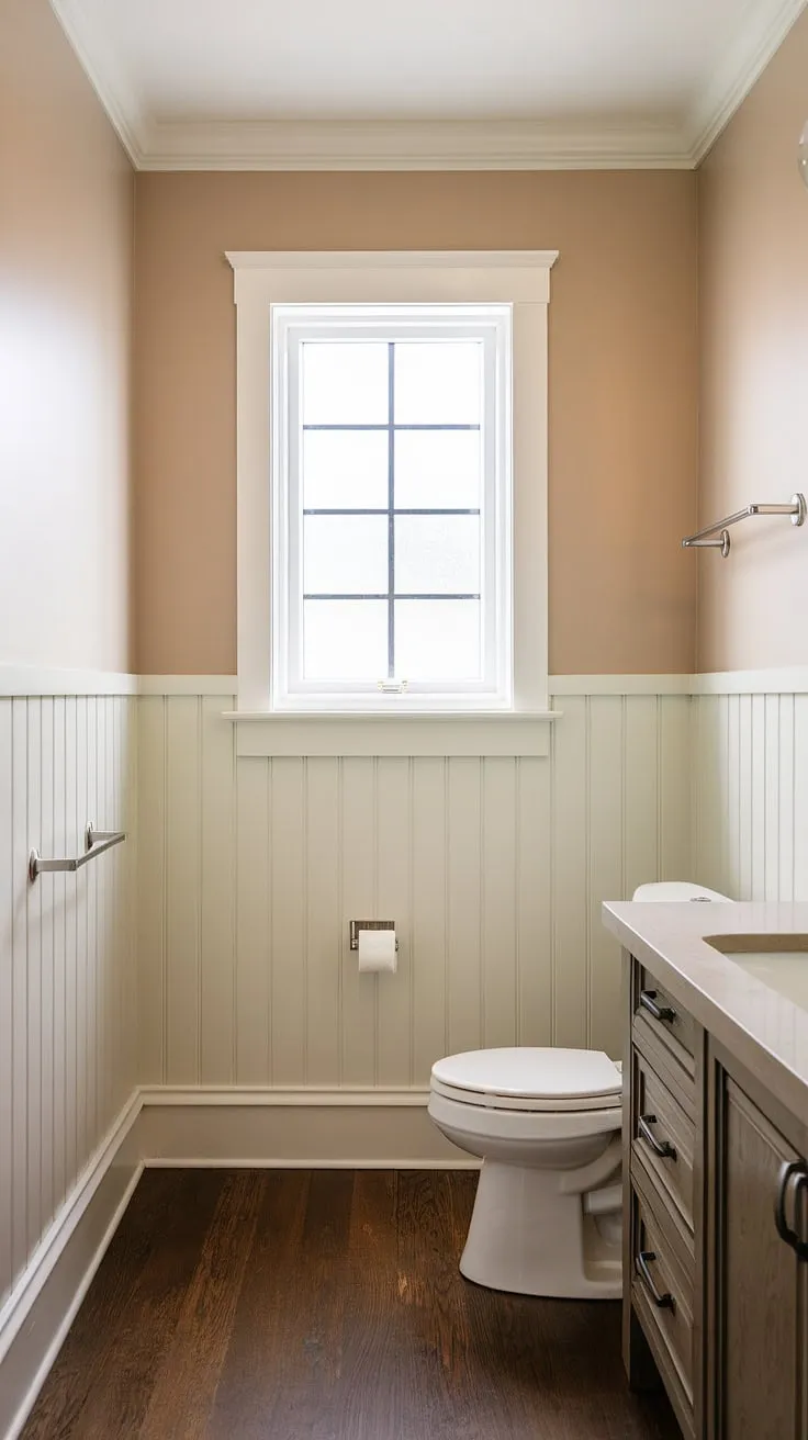 Subtle shiplap adds a touch of classic charm to this modern bathroom, creating a serene and sophisticated space. The soft beige walls and dark wood floors provide a warm contrast, while the window's gridded panes let in natural light, enhancing the overall feeling of calm and tranquility. A perfect blend of old-world elegance and contemporary design.