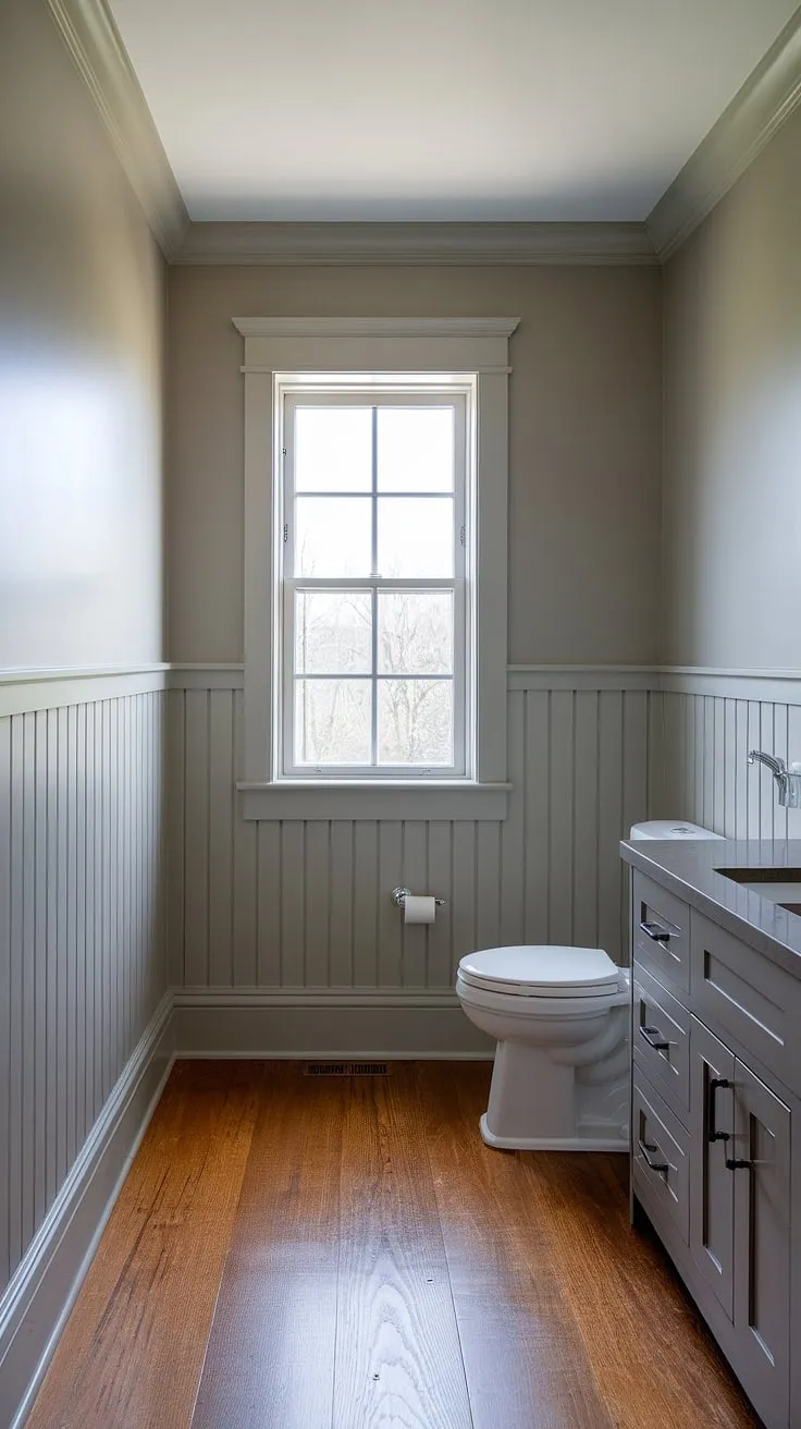 Sophisticated simplicity: This bathroom's light grey walls and Craftsman-style wainscoting create a serene atmosphere. The vertical planks add texture and visual interest, while the warm wood floor grounds the space, resulting in a calming and elegant retreat. A perfect blend of modern and traditional design.