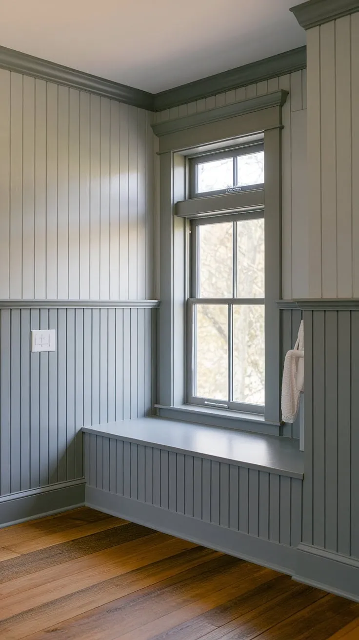 Modern craftsman style meets rustic charm in this bathroom, where grey shiplap wainscoting a beautifully complements the natural wood tones and creates a serene atmosphere. The transom window above adds architectural interest and allows for ample natural light.