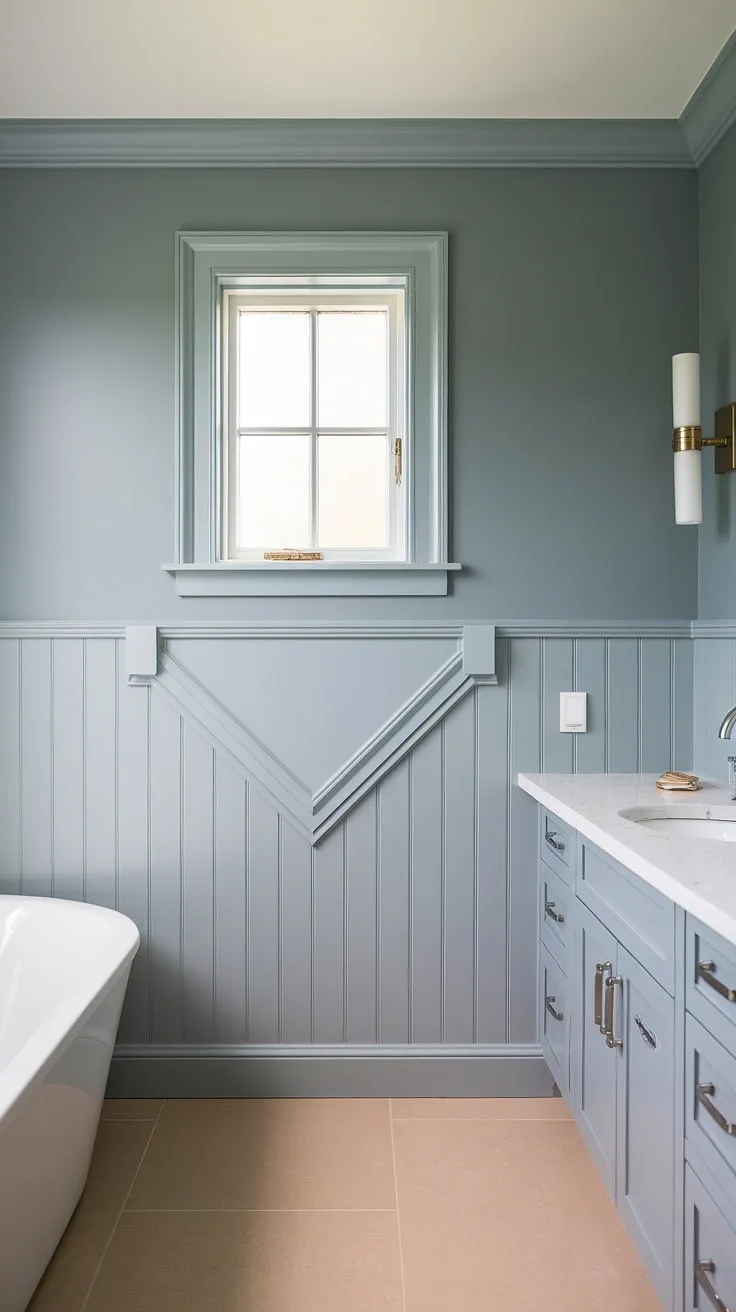 This tranquil bathroom retreat boasts a stunning combination of light blue walls and crisp white shiplap wainscoting, extending elegantly around the window to maximize natural light. The beige tile flooring and classic white bathtub complete this beautifully appointed space.