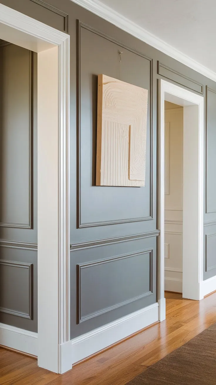 A stunning hallway upgrade achieved with budget-friendly DIY wainscoting. The crisp, modern design, featuring 2.5&#8243; high panels with a 1/2&#8243; gap, elevates the entire room. Notice how seamlessly the wainscoting flows around the doorways, creating a cohesive and sophisticated look. A testament to the power of simple, well-executed design.