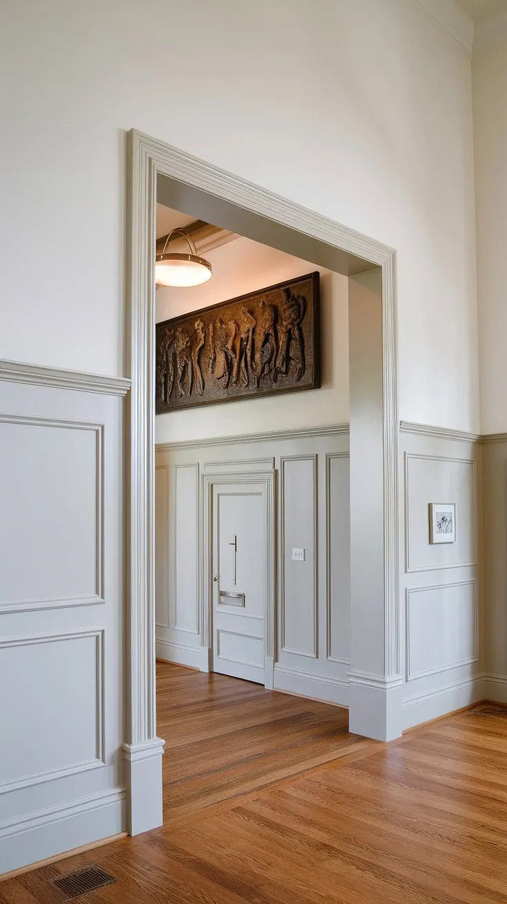 Classic elegance meets modern design in this stunning entryway. The crisp white walls, rich hardwood floors, and detailed wainscoting create a timeless atmosphere, perfectly complemented by the striking artwork above. A sophisticated blend of architectural detail and artistic expression sets the tone for the home within.