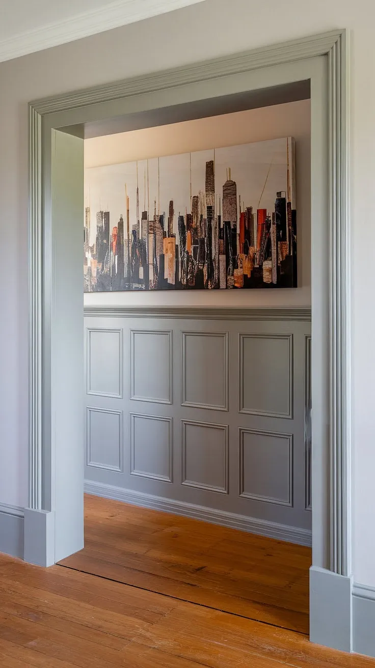 A captivating entryway where classic wainscoting and contemporary artwork collide. The light gray walls and rich wood flooring provide a perfect canvas for the dramatic cityscape, creating an unforgettable first impression.