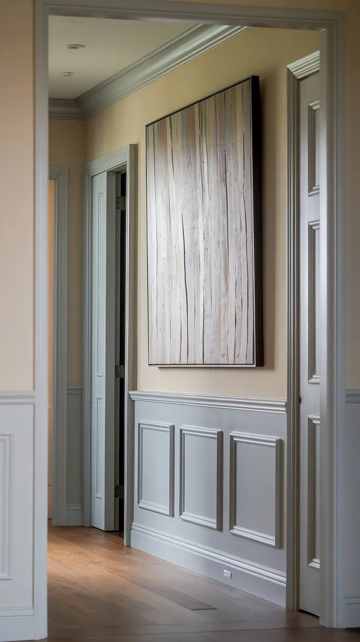 Where classic wainscoting meets modern art, creating an entryway that's both timeless and strikingly contemporary. The interplay of textures and colors, from the rich wood floors to the bold abstract piece above the paneling, sets a sophisticated tone for the home. A perfect blend of old-world charm and fresh, unexpected design.