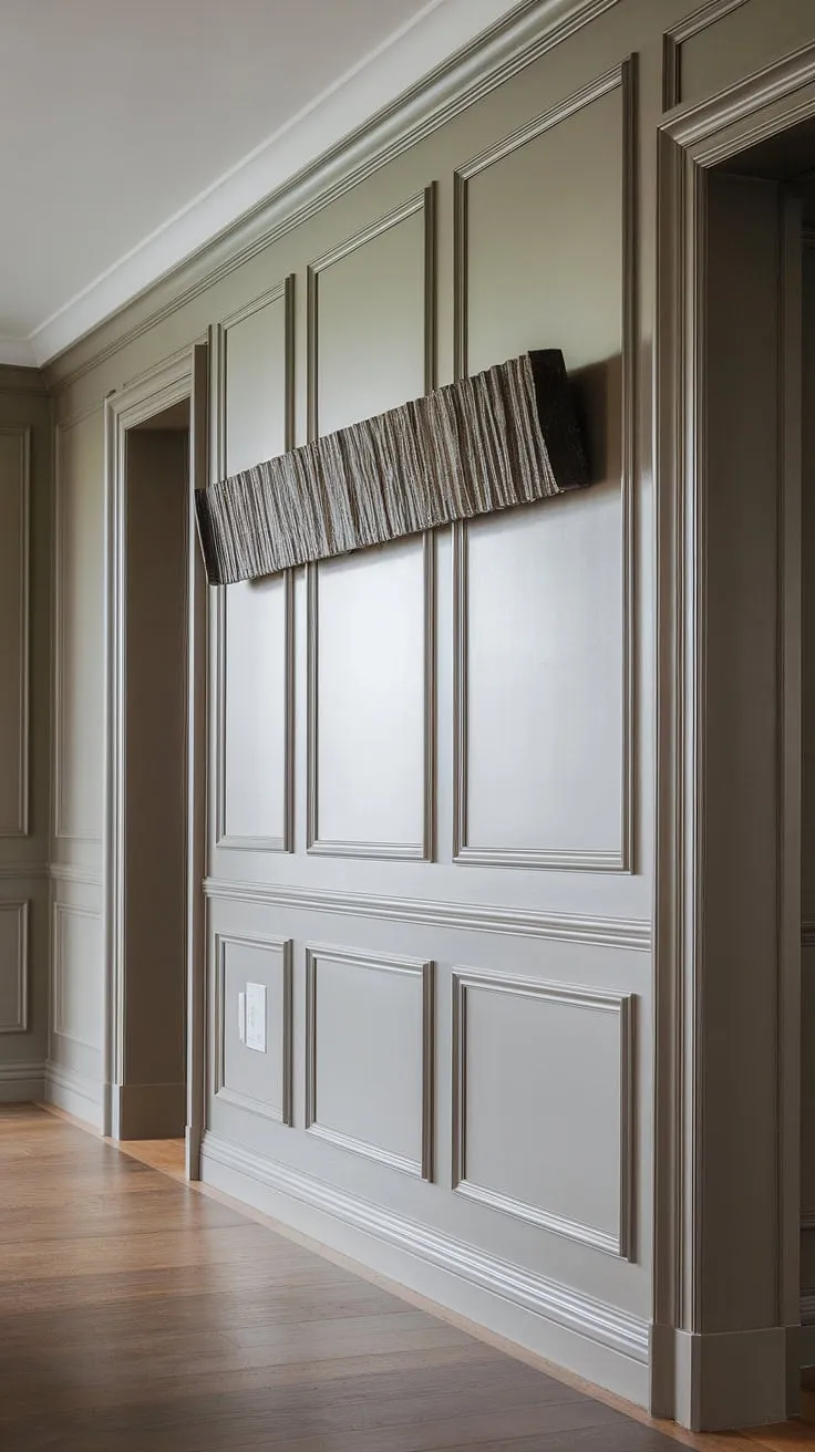 Classic elegance meets modern minimalism in this stunning entryway. The rich wood floors and meticulously crafted wainscoting, extending seamlessly around the doorways and up to the ceiling, create a sense of timeless sophistication. A single, elongated piece of art provides a perfect focal point, adding a touch of contemporary flair. The overall effect is one of understated luxury and refined style.