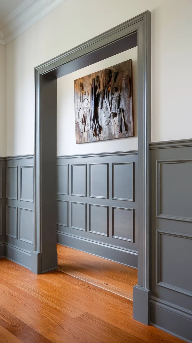 A beautifully appointed entryway showcasing the perfect blend of traditional and contemporary design. The rich wood tones of the floor beautifully contrast with the clean white walls, while the meticulously crafted wainscoting adds a touch of classic charm. A statement piece of art completes the look, creating a welcoming and unforgettable first impression. A space that effortlessly combines comfort and sophistication.