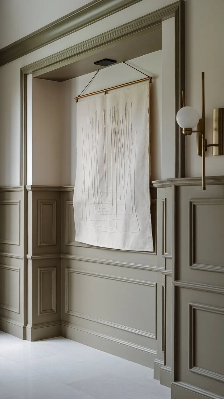 Clean lines and bold art define this entryway. The wainscoting, extending seamlessly around the doorway and up the wall, creates a sophisticated backdrop for the striking abstract piece above the shelf, a perfect blend of classic and contemporary design. A welcoming space, effortlessly stylish.