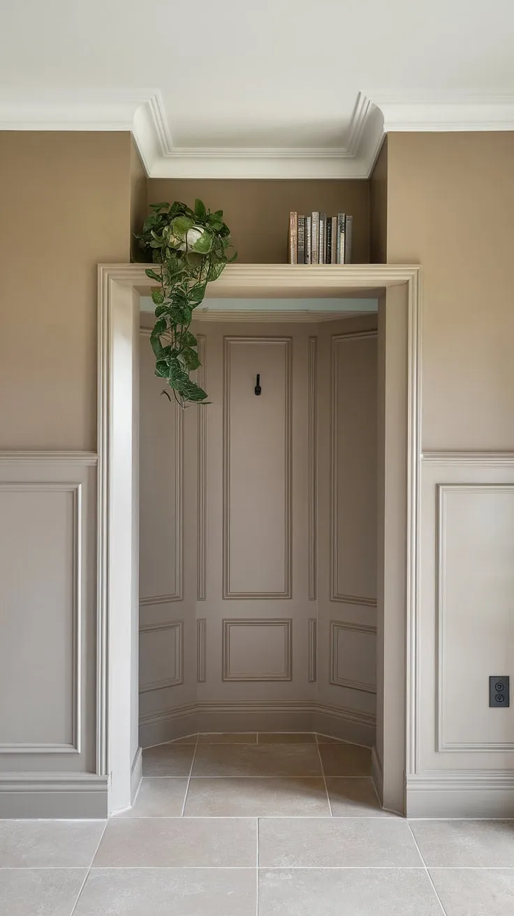 A thoughtfully designed entryway, showcasing the timeless appeal of wainscoting. The addition of a small shelf and a vibrant plant introduces warmth and personality, while the neutral tones maintain a sense of calm and sophistication. A perfect blend of style and functionality.