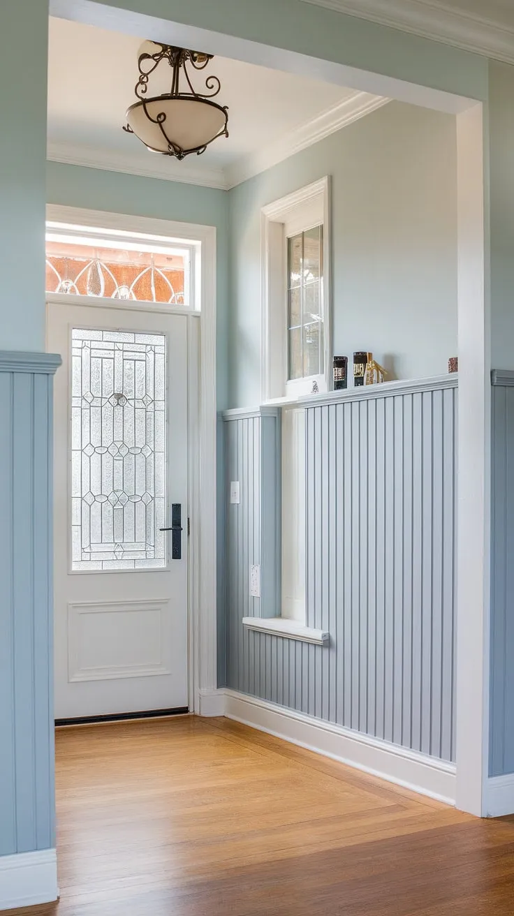 Step into serenity. The light gray wainscoting adds a touch of classic elegance to this modern entryway, perfectly complemented by the soft blue walls and gleaming hardwood floors. A welcoming atmosphere is created by the natural light filtering through the glass paneled door.