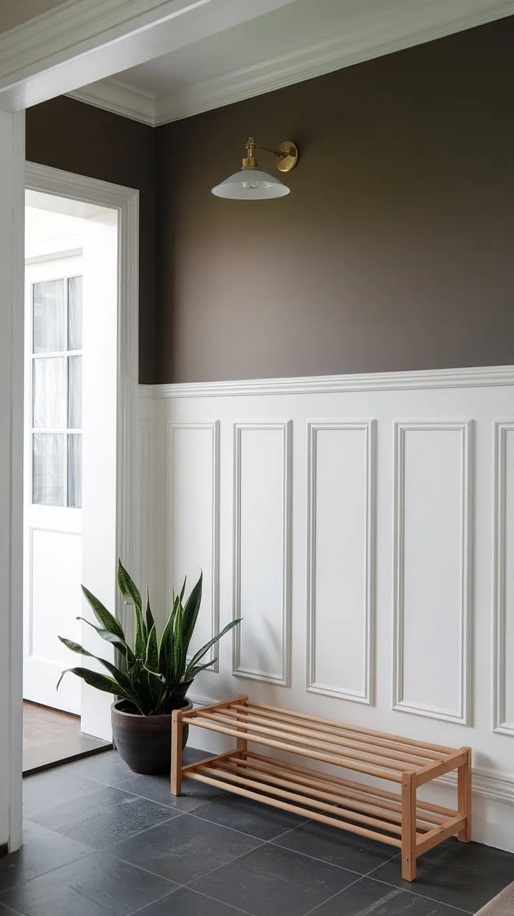 Step into refined style with this modern entryway. The crisp white wainscoting, accented by a dark grey upper wall and sleek dark grey tile flooring, creates a sophisticated welcome. A touch of nature with the potted plant complements the clean lines and practical wooden shoe rack, making this space both beautiful and functional. A perfect blend of form and function.