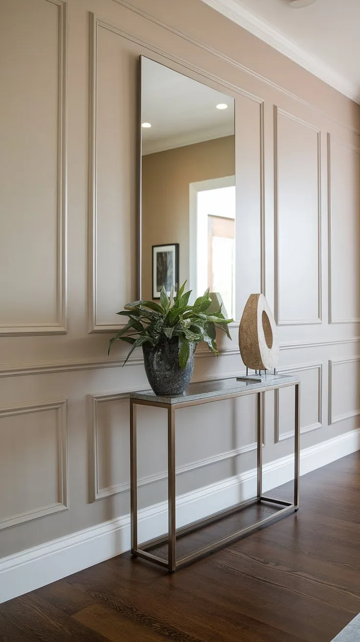 The elegant wainscoting adds a touch of classic sophistication to this modern entryway, creating a welcoming atmosphere. The large mirror above reflects the light beautifully, enhancing the space. A simple console table, adorned with a plant and decorative object, completes the look.