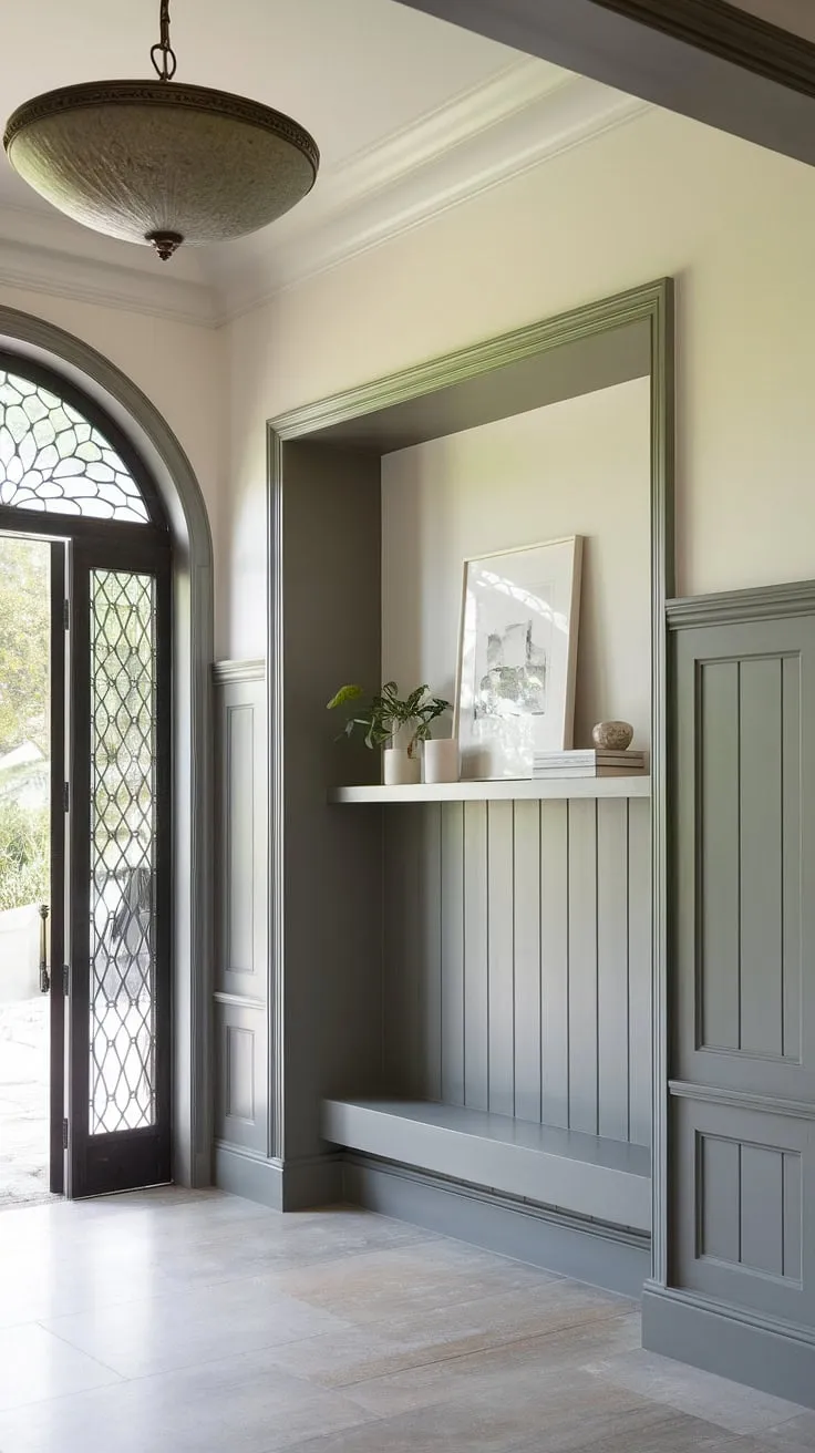 Step into refined elegance. The wainscoting, meticulously crafted and extending to the ceiling, creates a dramatic focal point in this modern entryway, complemented by the clean lines of the white walls and a stunning light fixture. A perfect blend of classic and contemporary design. A testament to thoughtful detail and impeccable craftsmanship. A truly welcoming space.