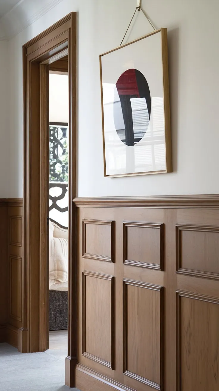 A breathtaking entryway, showcasing the timeless beauty of wainscoting. The seamless integration of the wood paneling around the doorways and up to the ceiling is simply captivating. A statement piece of art completes the look, adding a layer of personality to this impeccably designed space. A truly inspiring design.