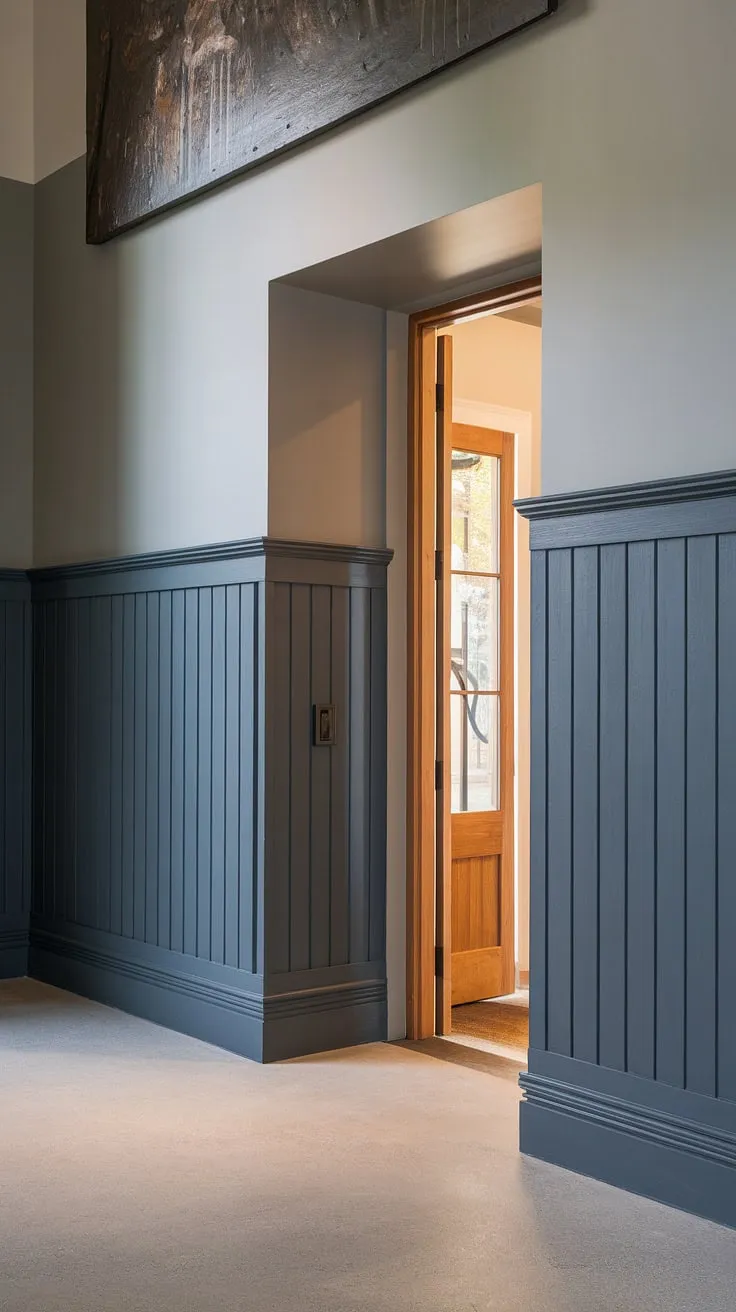 Sophisticated simplicity defines this entryway. The dark grey wainscoting, complemented by the lighter grey walls and a striking piece of art above, creates a welcoming atmosphere. The concrete floor adds a touch of modern industrial chic, making a strong first impression. A perfect blend of textures and tones.