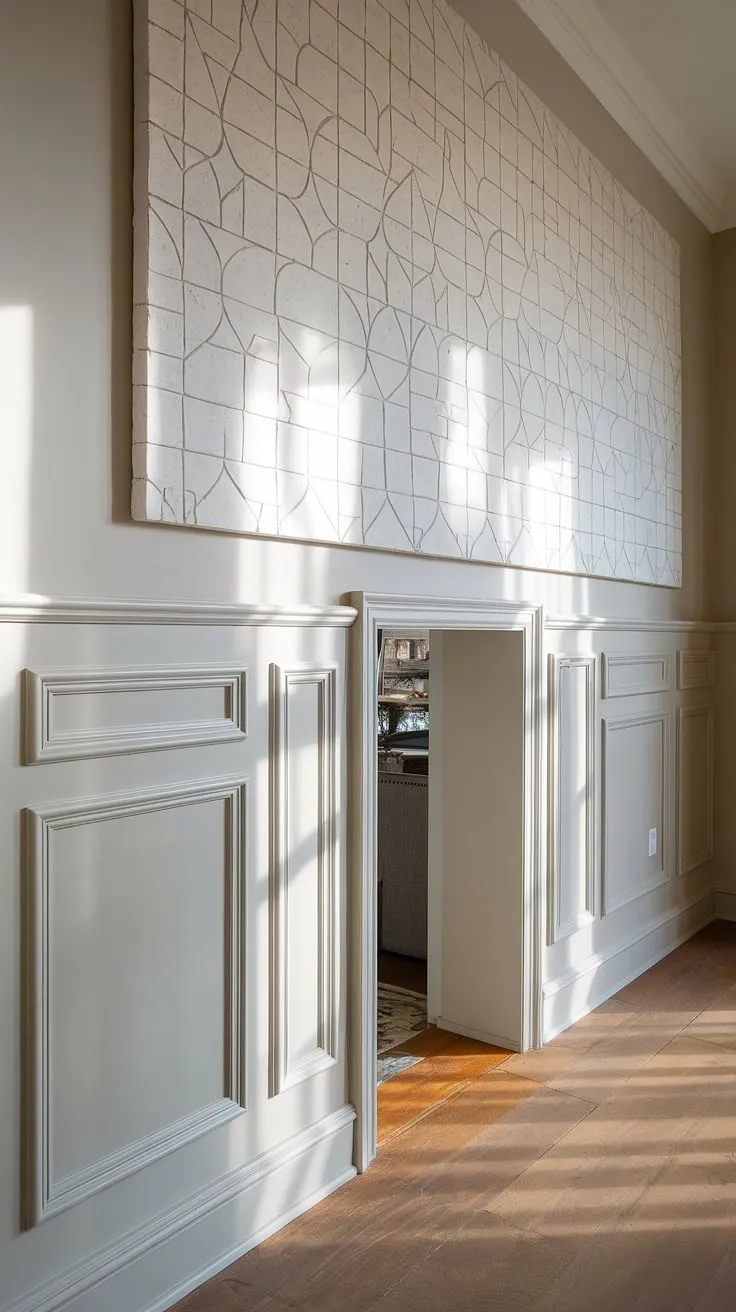 This entryway is a masterclass in understated elegance. The geometric artwork above the white wainscoting, a timeless design choice, perfectly complements the warm wood flooring. A welcoming and stylish introduction to the home.